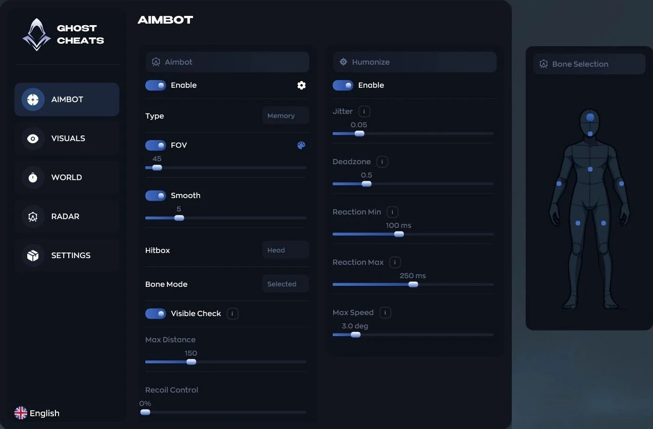 Aimbot-Menü von GHOST für Delta Force: Modi Memory und Silent, FOV, Knochenauswahl