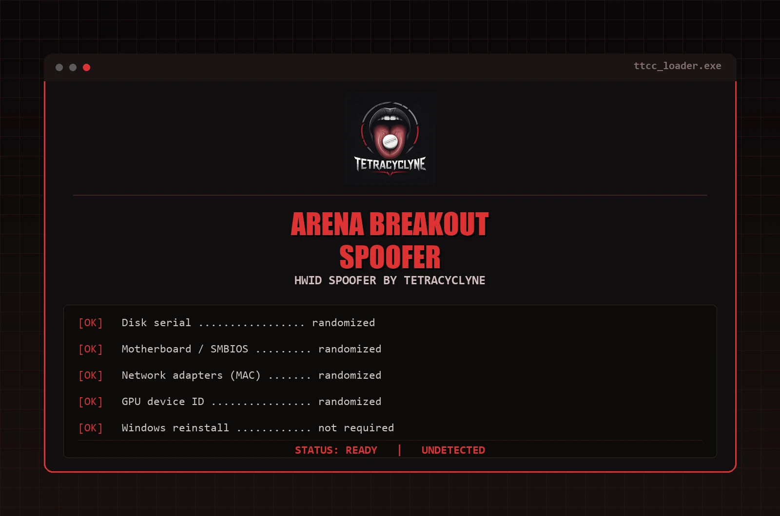 Скриншот чита TETRACYCLYNE ARENA BREAKOUT SPOOFER в игре HWID Spoofer