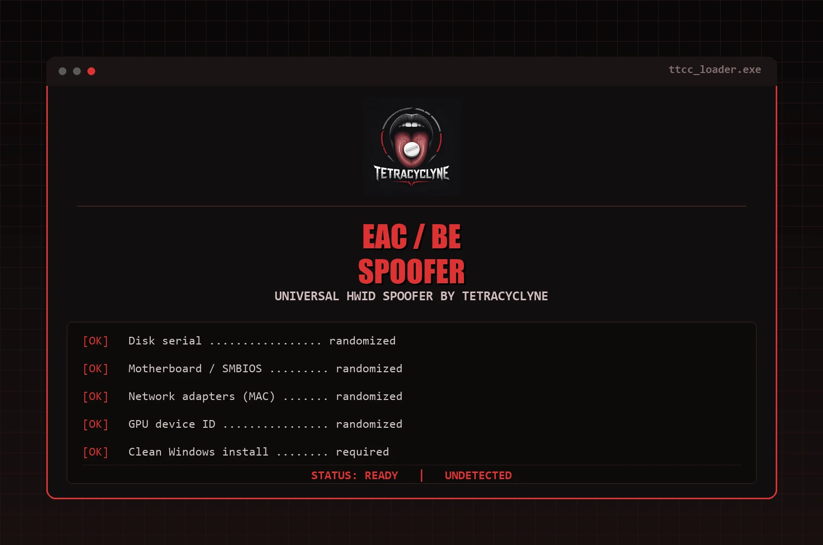 Скриншот чита TETRACYCLYNE EAC-BE SPOOFER в игре HWID Spoofer