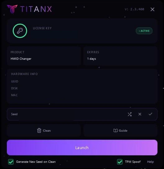 Screenshot des Cheats TITANX im Spiel HWID Spoofer