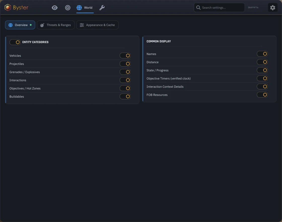 Tab World in BYSTER: Objektkategorien, Punkt-Timer und FOB-Ressourcen