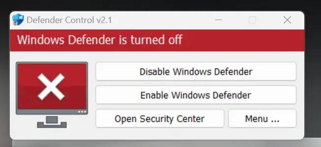 Defender Control window with the text Windows Defender is turned off