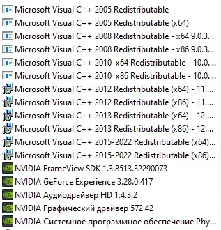 Список установленных пакетов Visual C++ и драйверов Nvidia