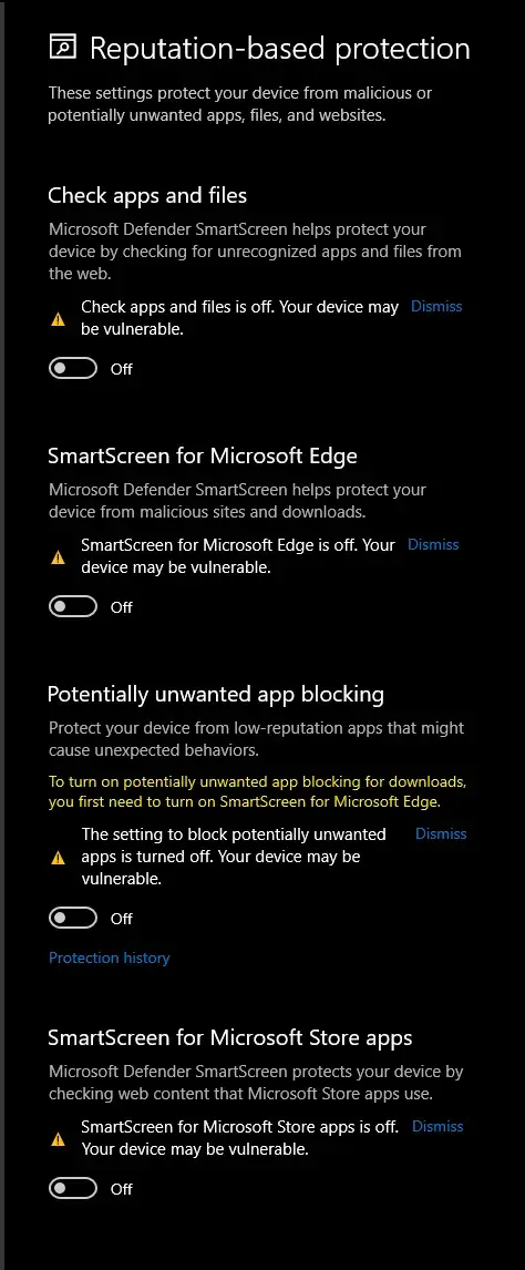 Переключатели защиты на основе репутации SmartScreen выключены