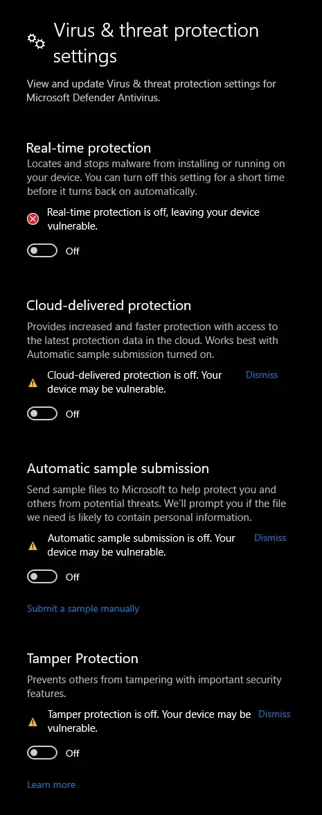 Virus & threat protection toggles, including Tamper Protection
